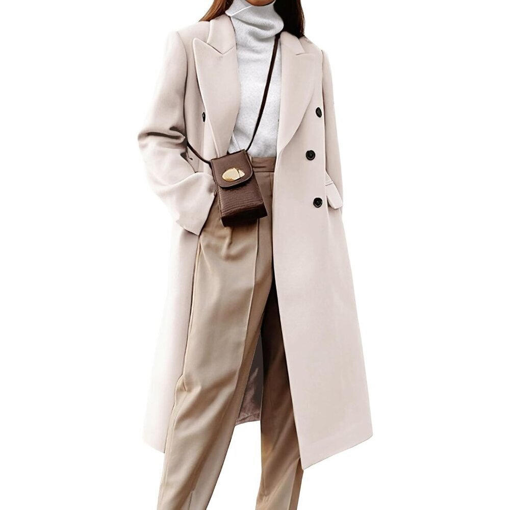 Women's Beige Long Wool Coats Fall Winter Double Breasted Trench Coat